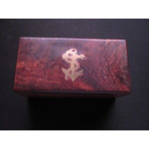 Cool Vintage Wooden Trinket Box With Brass Anchor Inlay Nautical Collectible!